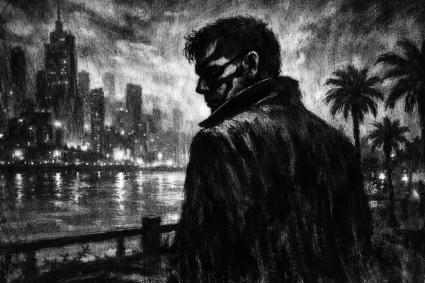 Cinematični poster s usamljnom figurom u obalnom gradu, snažne sjene i unutarnja napetost, charcoal film noir stil.