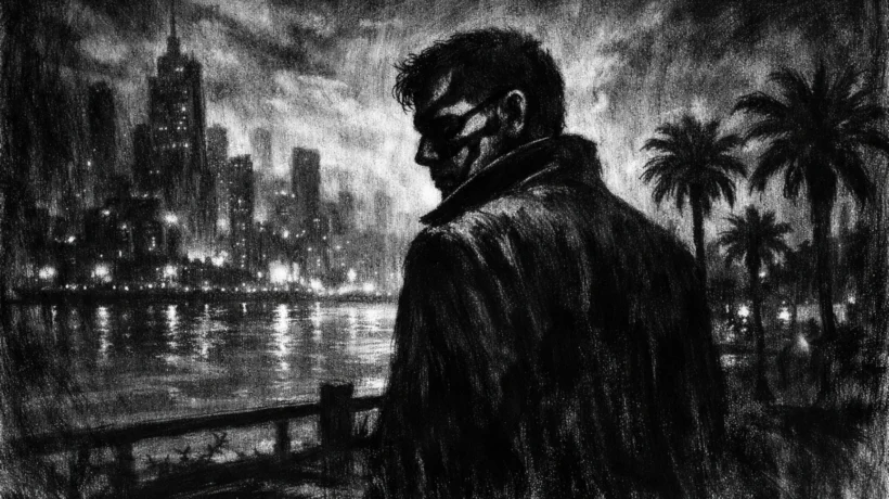 Cinematični poster s usamljnom figurom u obalnom gradu, snažne sjene i unutarnja napetost, charcoal film noir stil.