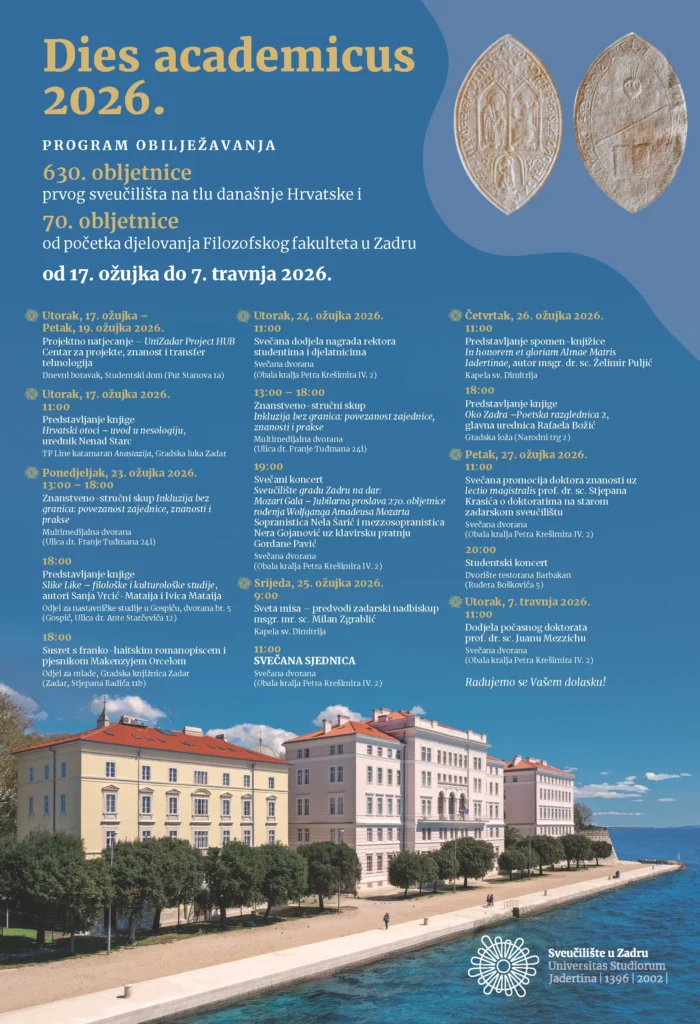 Prikaz Programa Dies Academicus 2026 na Sveučilištu u Zadru tijekom obilježavanja važnih akademskih obljetnica.