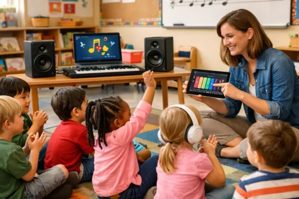 Djeca u vrtiću sudjeluju u ranom glazbenom obrazovanju uz digitalnu glazbu i učitelja