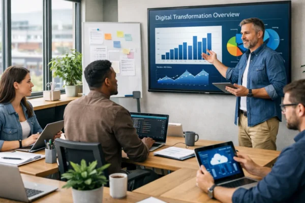 Digitalna transformacija malog poduzeća u modernom uredu s timom zaposlenika