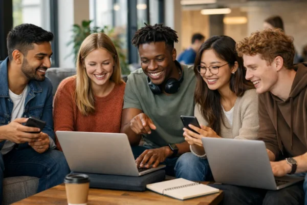 Mladi u digitalnoj zajednici koji zajedno uče i surađuju online