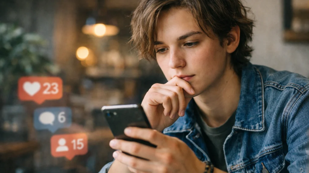 Mladi korisnik promišlja svoj digitalni identitet kroz korištenje pametnog telefona