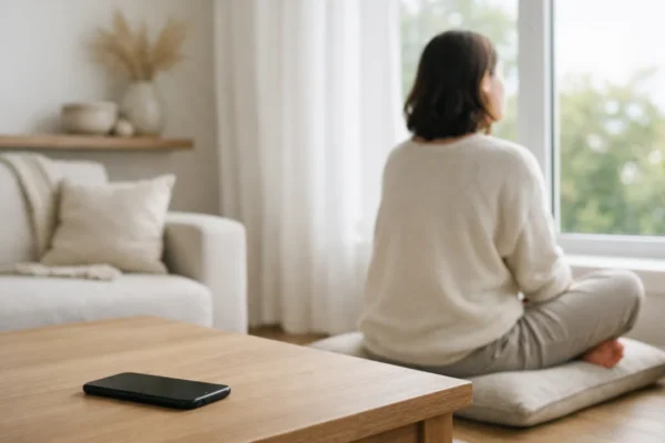 Digitalni minimalizam i mentalno zdravlje u mirnom, minimalističkom interijeru