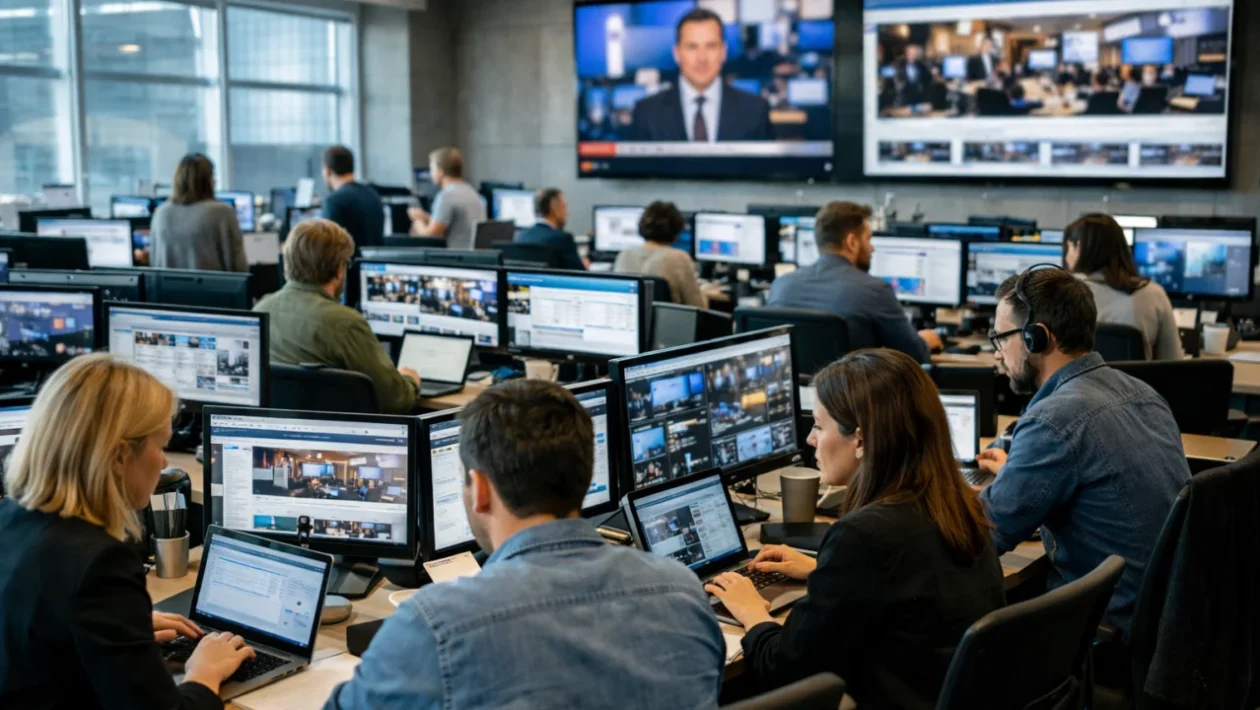 Digitalno novinarstvo u modernoj redakciji s novinarima i online vijestima