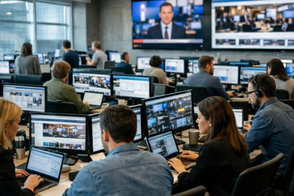 Digitalno novinarstvo u modernoj redakciji s novinarima i online vijestima