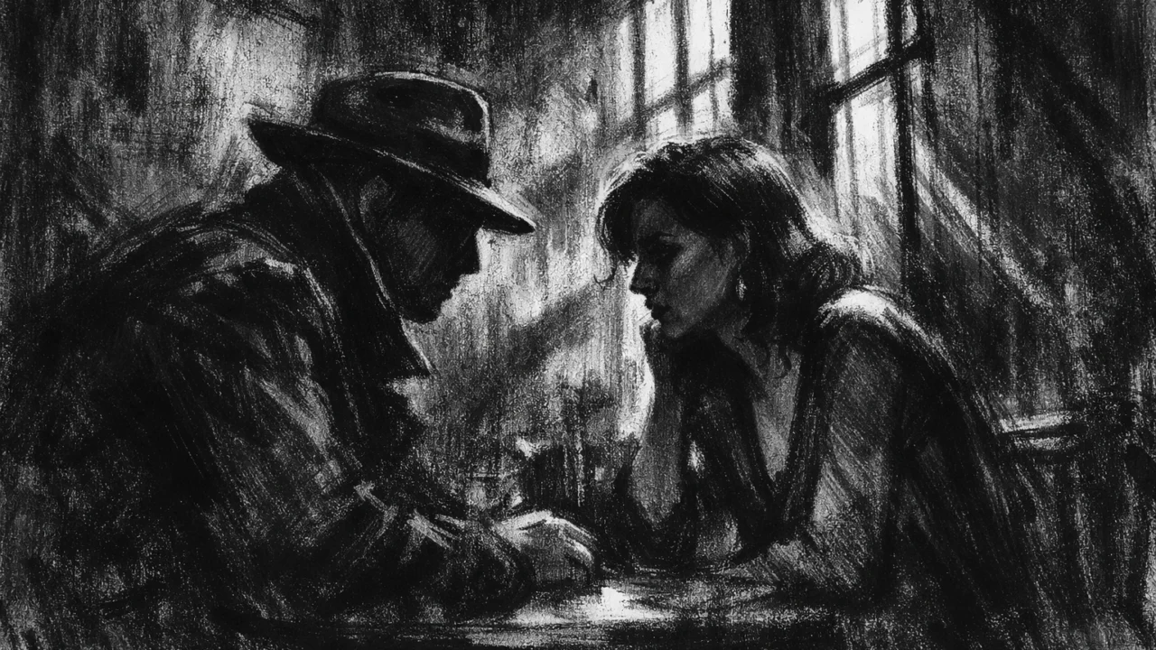 Intimna scena razgovora u charcoal film noir stilu, crno-bijela kompozicija s dubokim sjenama i snažnim kontrastom, naglašene emocije napetosti i neizvjesnosti.