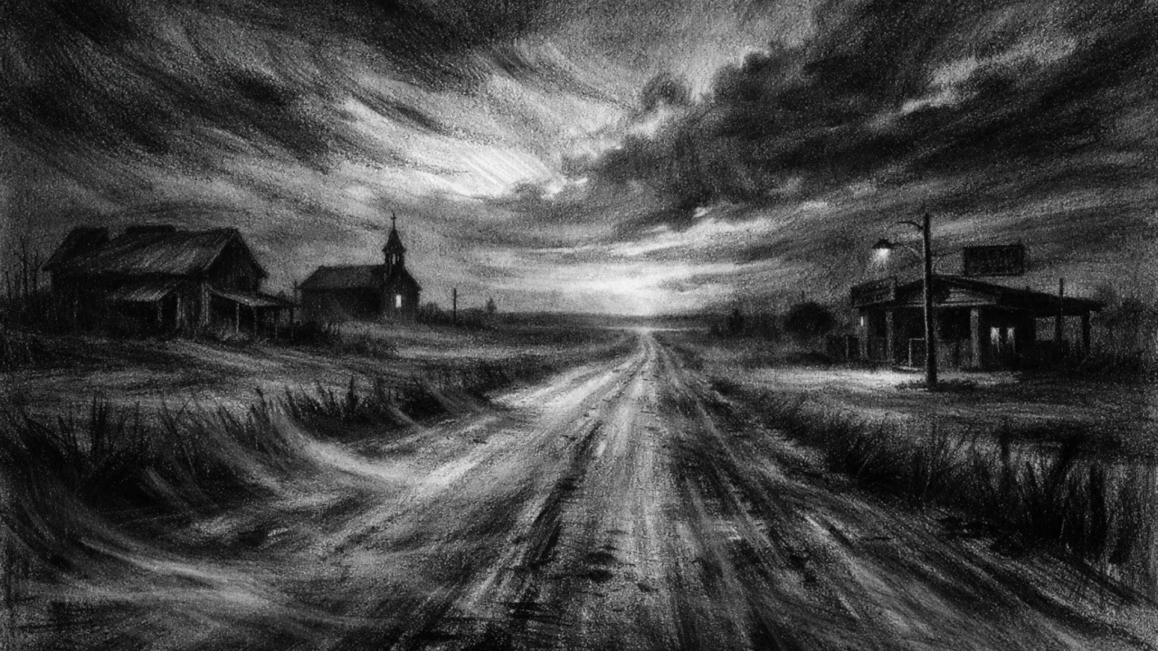 Simboličan krajolik u charcoal film noir stilu, crno-bijela scena s praznom cestom, dubokim sjenama i melankoličnom atmosferom putovanja i sudbine.