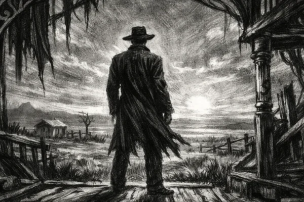 Kinematografski poster u charcoal film noir stilu, crno-bijeli prizor s usamljenom figurom u dubokim sjenama i dramatičnom rasvjetom, naglašena atmosfera otpora i tihe snage.