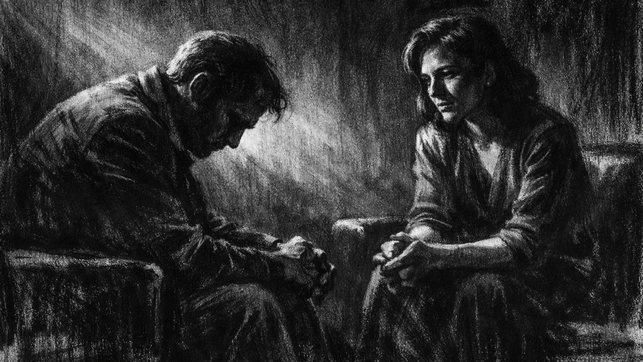 Dvoje ljudi u tihom razgovoru u mračnoj prostoriji, izražene sjene i emocije, charcoal film noir stil, crno-bijeli ugođaj introspekcije.