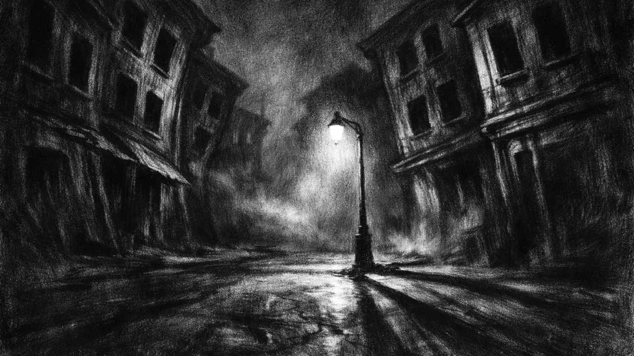 Prazna urbana ulica noću s iskrivljenom arhitekturom i maglom, crtež ugljenom u charcoal film noir stilu, snažan kontrast i tjeskobna atmosfera.