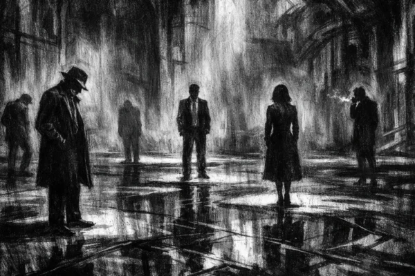 Cinematic poster s grupom sjenovitih figura u velikoj dvorani, crtež ugljenom u charcoal film noir stilu, crno-bijelo, duboke sjene i melankolična atmosfera.