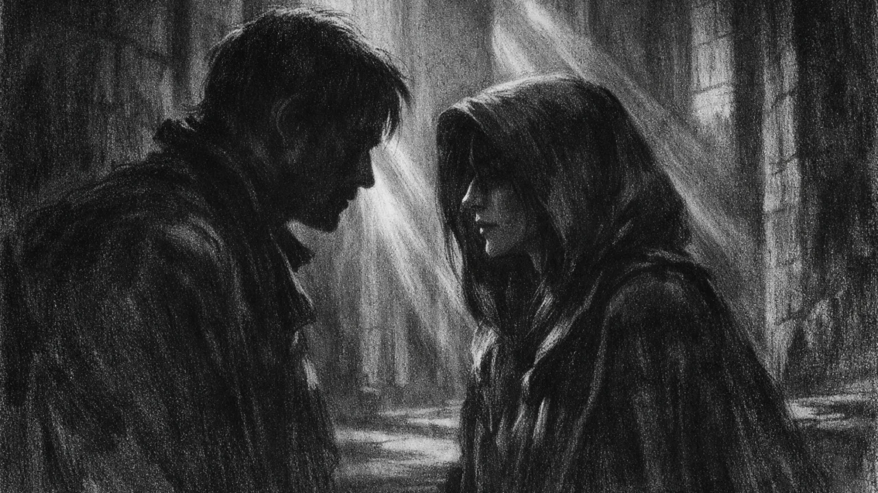 Intimna scena u charcoal film noir stilu, dvije figure u razgovoru u mračnoj monumentalnoj unutrašnjosti, snažan kontrast svjetla i sjene, osjećaj napetosti i sudbine.