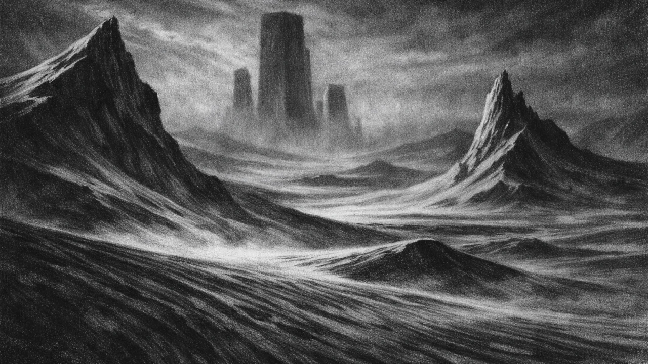 Atmosferski pejzaž u charcoal film noir stilu, crno-bijela pustinja s monumentalnim oblicima, duboke sjene, sumorna i simbolična atmosfera.