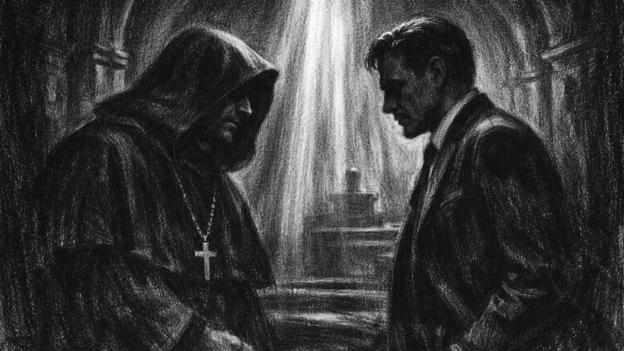 Dvoje ljudi u tihom razgovoru u tamnom interijeru, izražena emocionalna napetost kroz svjetlo i sjenu, charcoal film noir stil.