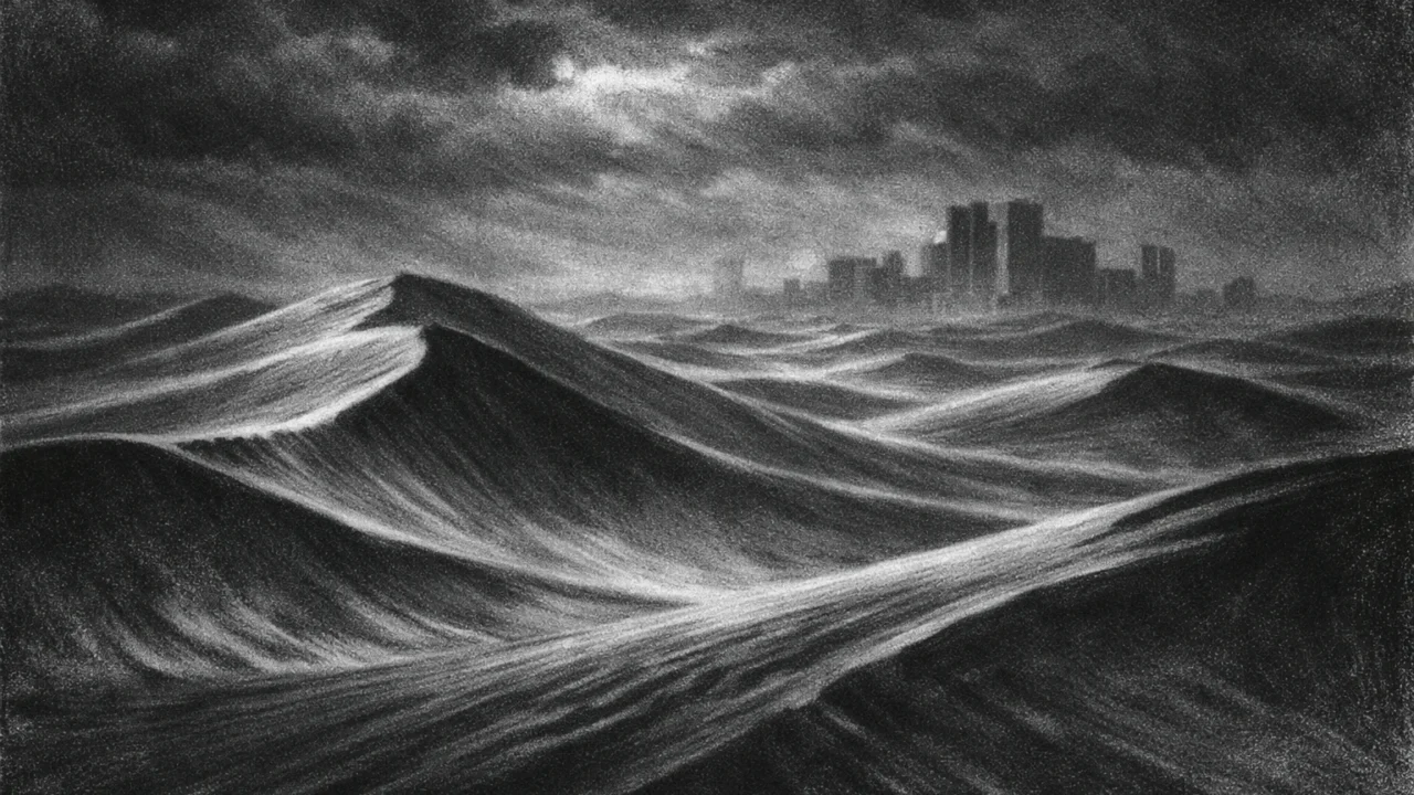 Noćni pustinjski krajolik s golemim dinama i dalekim strukturama, osjećaj izolacije i sudbine, charcoal film noir stil.