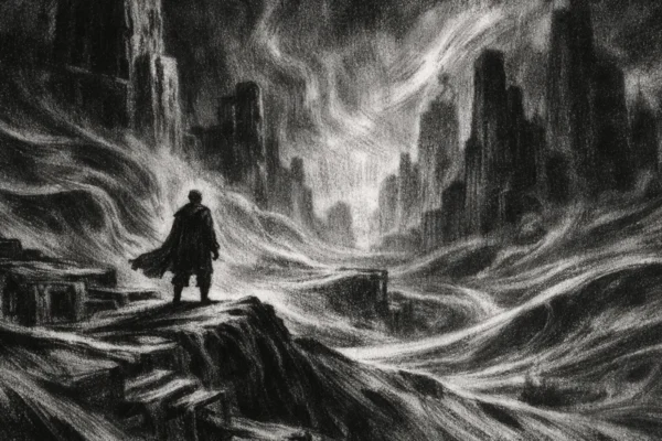 Cinematični poster s usamljenom figurom u pustinjskoj arhitekturi, snažne sjene i monumentalni oblici, charcoal film noir stil u crno-bijeloj estetici.