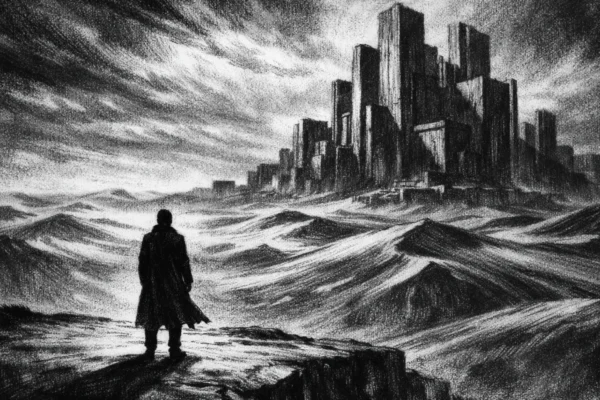 Filmski poster u charcoal film noir stilu, crno-bijeli prizor usamljene figure u pustinji, monumentalna arhitektura, duboke sjene i snažna atmosfera sudbine.