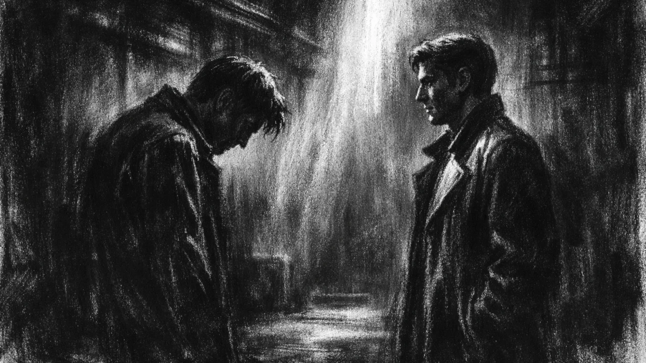 Dvoje ljudi u tihom susretu u tamnom prostoru, izražena emocionalna napetost i povjerenje, prikazano u charcoal film noir stilu.