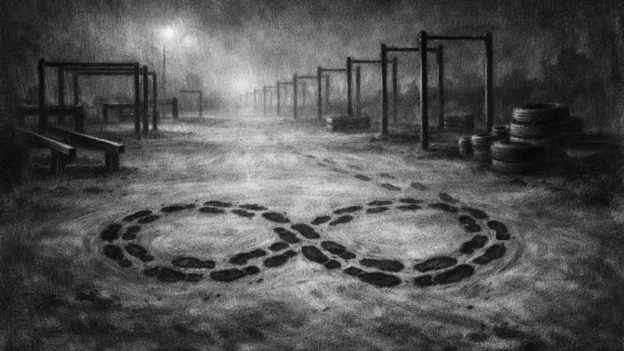 Prazan prostor koji simbolizira ponavljanje vremena i sudbinu, s dubokim sjenama i maglom, u charcoal film noir stilu.