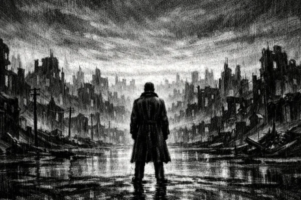 Filmski poster s usamljenom figurom na rubu maglovitog grada, snažne sjene i ponavljajući osjećaj sudbine, izvedeno u charcoal film noir stilu.