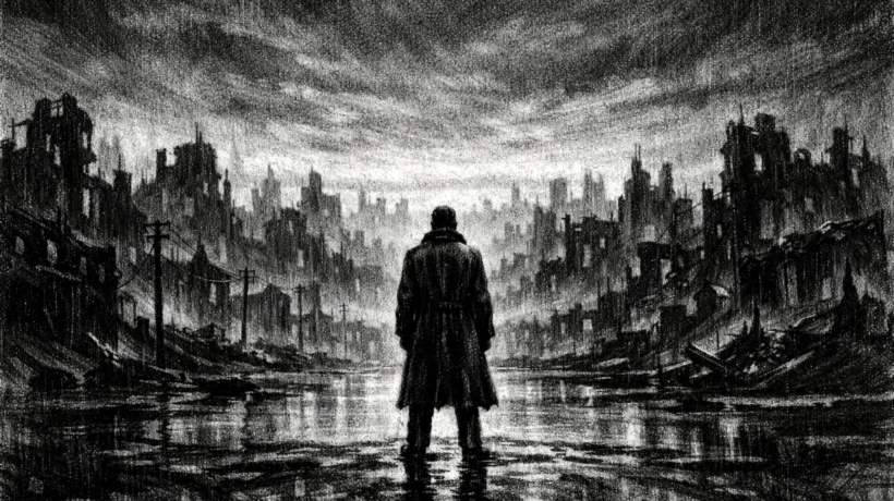 Filmski poster s usamljenom figurom na rubu maglovitog grada, snažne sjene i ponavljajući osjećaj sudbine, izvedeno u charcoal film noir stilu.
