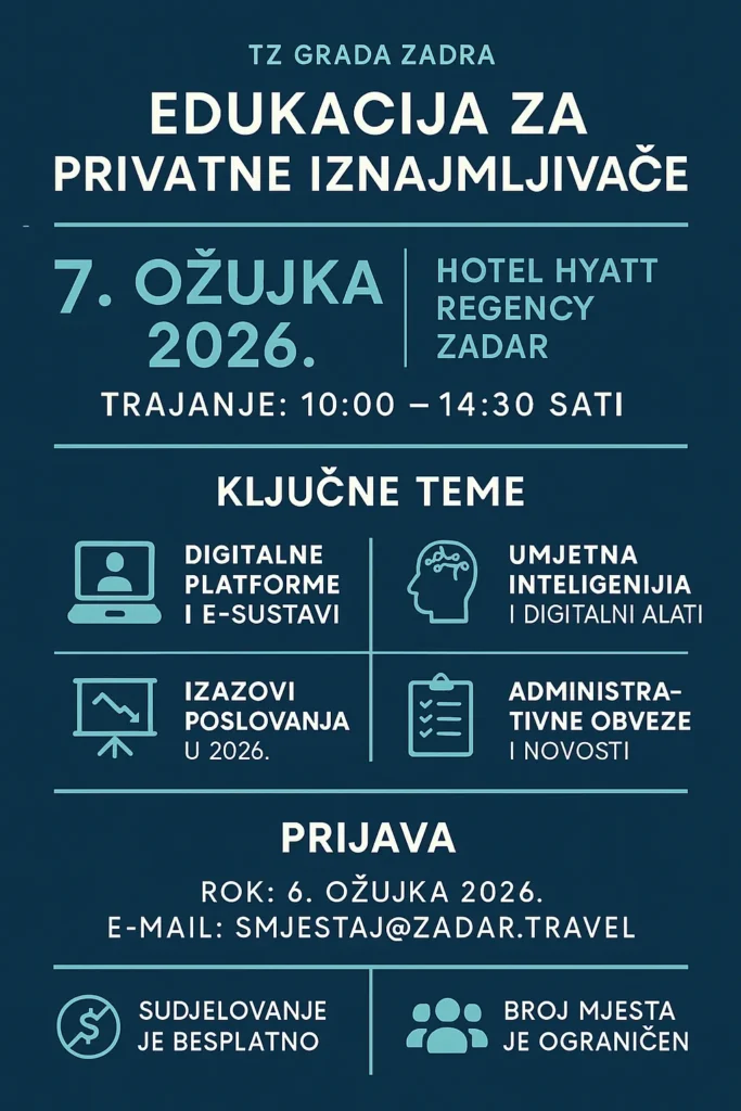 Polaznici na edukaciji za privatne iznajmljivače u hotelu Hyatt Regency Zadar tijekom programa o digitalnim alatima i trendovima.