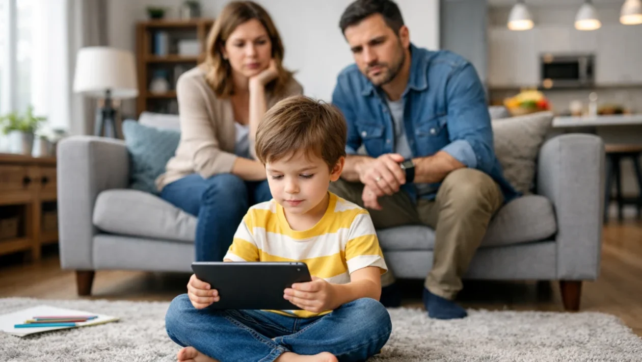 Dijete predškolske dobi koristi tablet dok roditelji zabrinuto promatraju u pozadini
