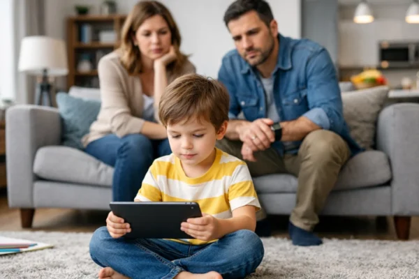 Dijete predškolske dobi koristi tablet dok roditelji zabrinuto promatraju u pozadini