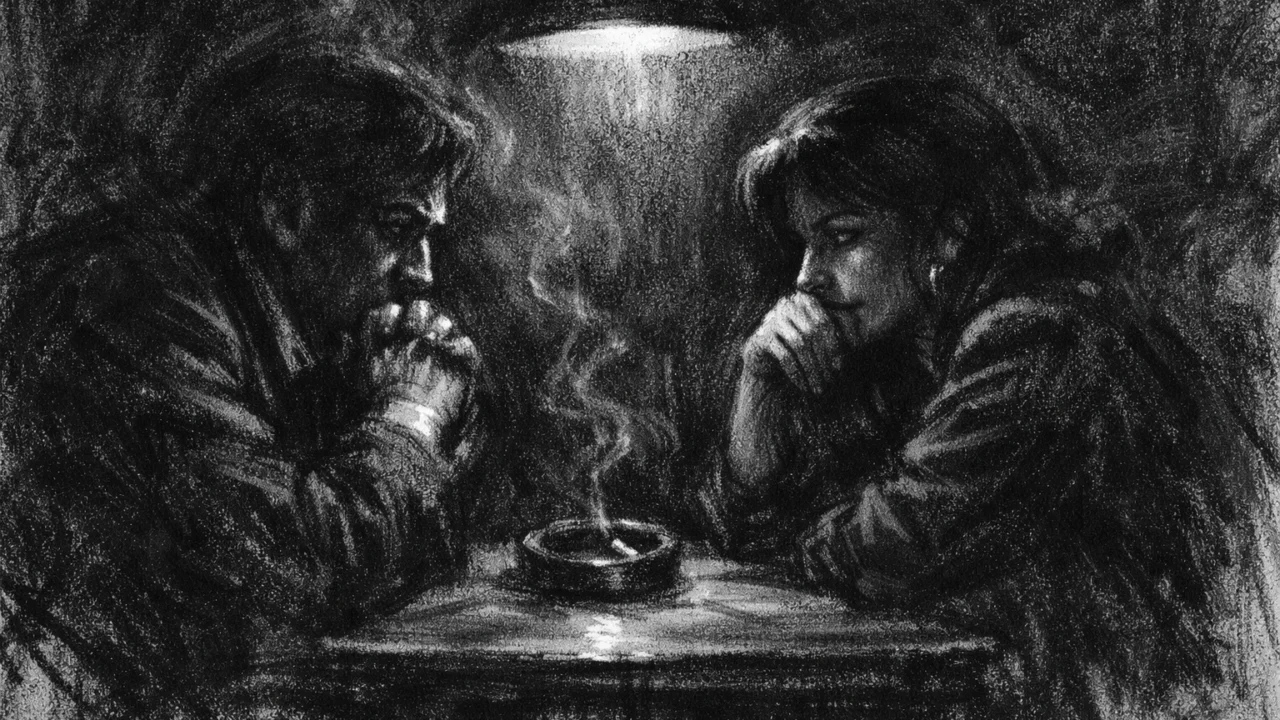 Dvoje ljudi u tihom razgovoru, prikazano u charcoal film noir stilu, s jakim sjenama i dramatičnim osvjetljenjem koje naglašava emocionalnu napetost.