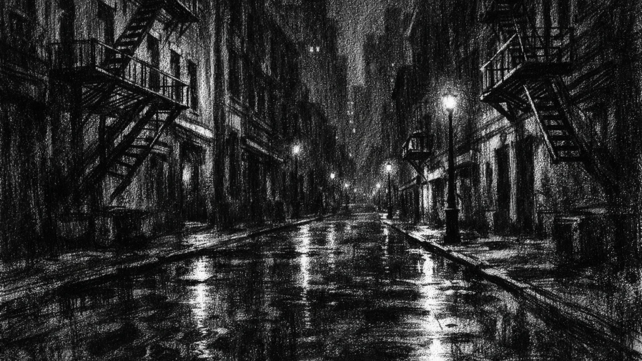 Noćna urbana scena u charcoal film noir stilu: prazna ulica, visoke zgrade i duboke sjene koje stvaraju osjećaj misterija i samoće.