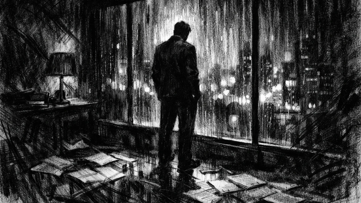 Hero prizor u charcoal film noir stilu: usamljena figura kraj prozora u modernom gradu, snažni kontrasti svjetla i sjene, crno-bijela atmosfera puna napetosti i introspekcije.