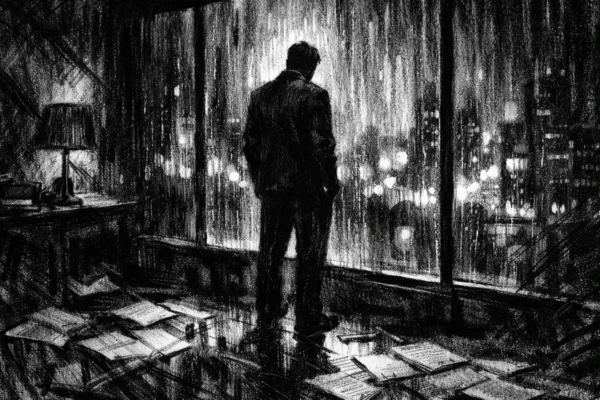 Hero prizor u charcoal film noir stilu: usamljena figura kraj prozora u modernom gradu, snažni kontrasti svjetla i sjene, crno-bijela atmosfera puna napetosti i introspekcije.