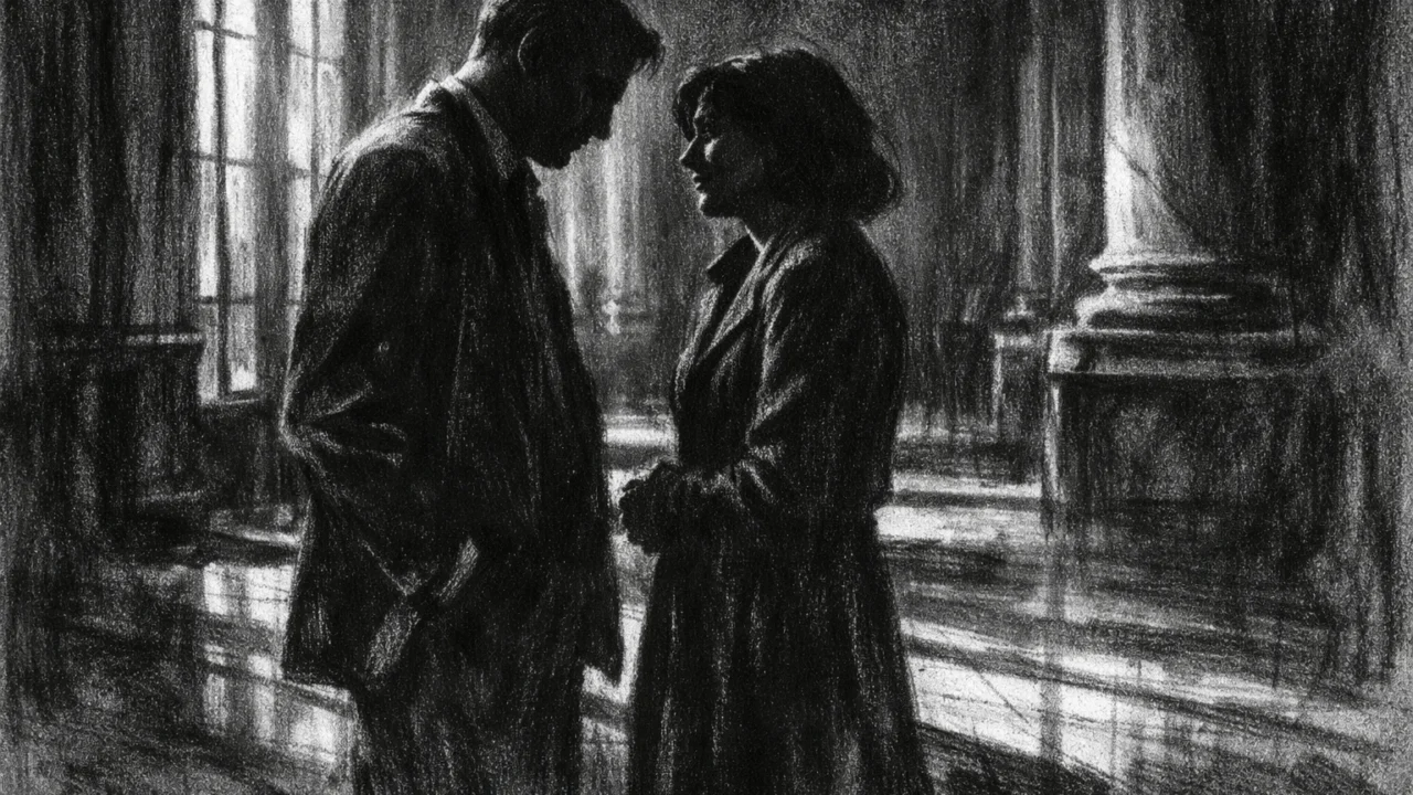 Dvoje ljudi u tihom razgovoru u mračnom hodniku, svjetlo i sjene naglašavaju emocije i napetost, charcoal film noir stil u crno-bijeloj izvedbi.