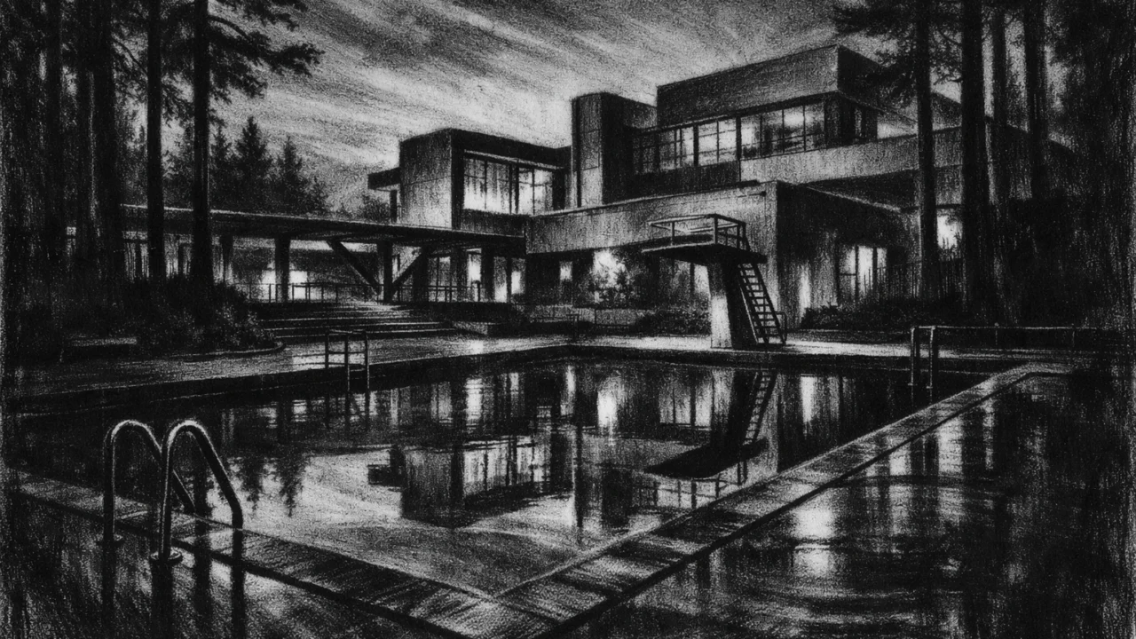 Prazan luksuzni školski kampus u sumrak, bazen i arhitektura u sjeni, simbolika izolacije i privilegije, charcoal film noir stil.