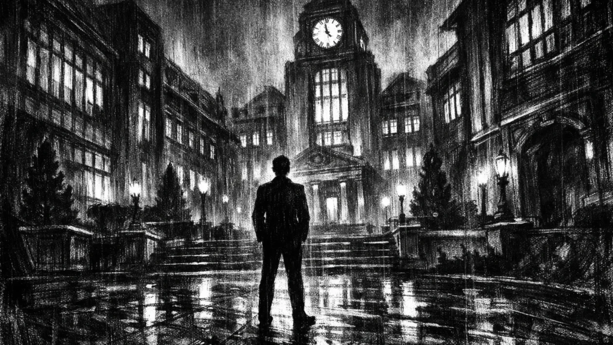 Filmski poster s elitnom školom noću, usamljena silueta u dvorištu, snažni kontrasti i duboke sjene, charcoal film noir stil, crno-bijela atmosfera puna napetosti.