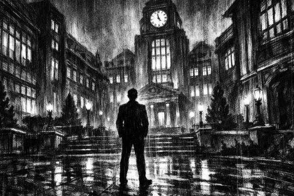 Filmski poster s elitnom školom noću, usamljena silueta u dvorištu, snažni kontrasti i duboke sjene, charcoal film noir stil, crno-bijela atmosfera puna napetosti.