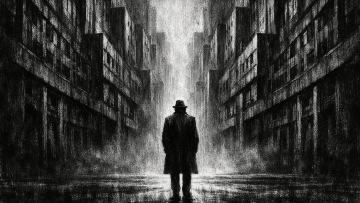 Cinematični prizor grada s usamljenom figurom, mračna atmosfera i osjećaj nelagode, charcoal film noir stil