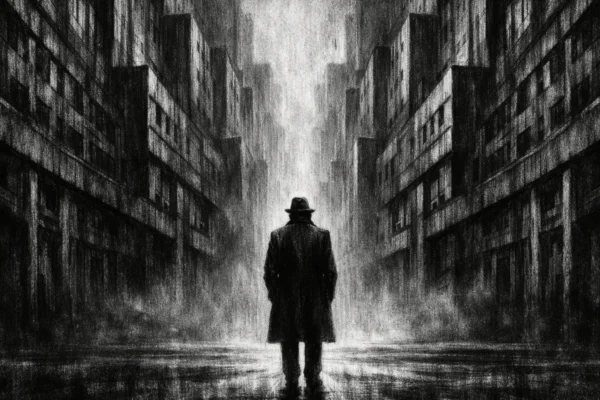 Cinematični prizor grada s usamljenom figurom, mračna atmosfera i osjećaj nelagode, charcoal film noir stil