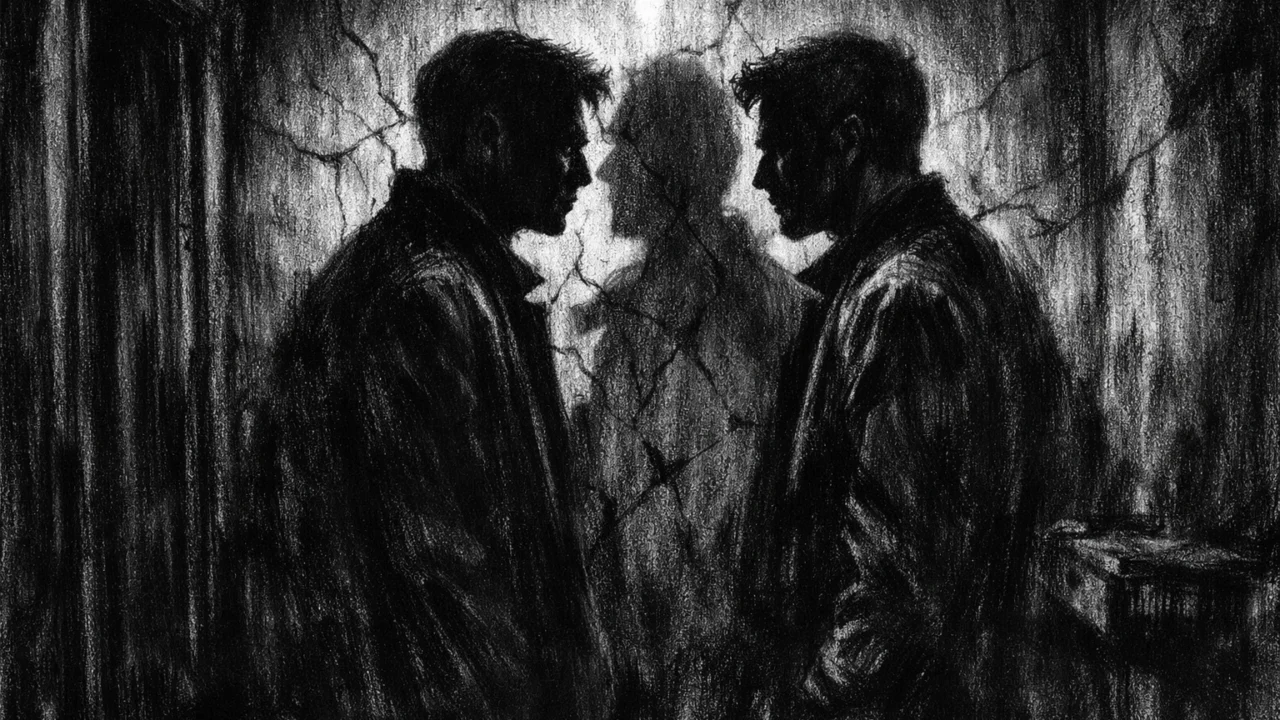 Dva slična lika u tamnoj prostoriji suočena jedan s drugim, snažne sjene i psihološka napetost, charcoal film noir stil