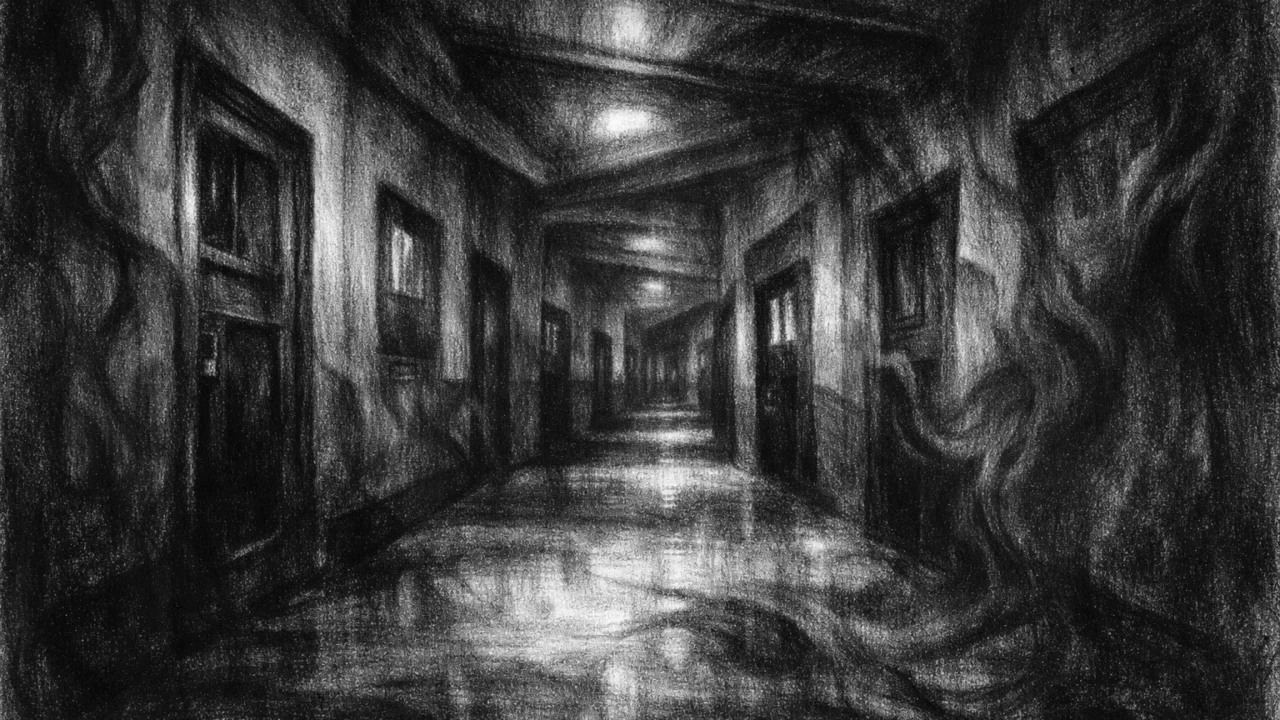 Prazni urbani hodnik s ponavljajućom arhitekturom i simboličnim sjenama, tjeskobna atmosfera, charcoal film noir stil
