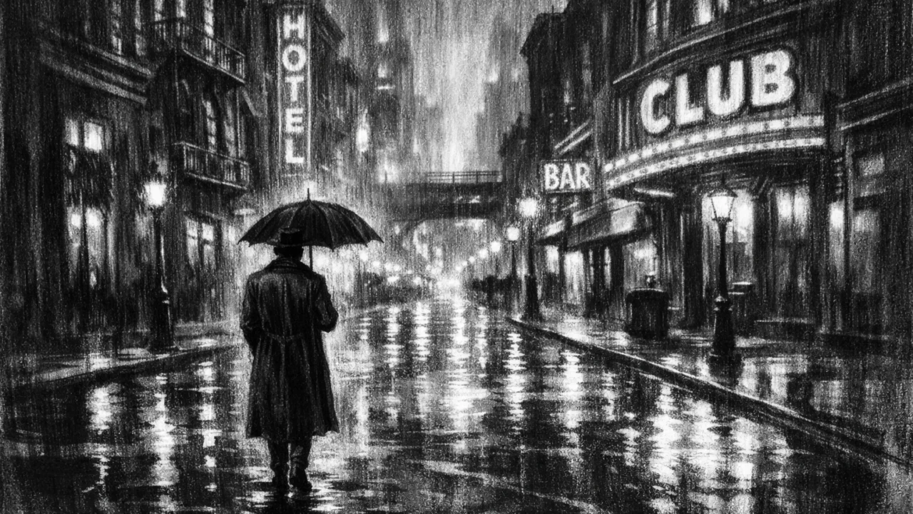 Atmosferska urbana ilustracija u charcoal film noir stilu