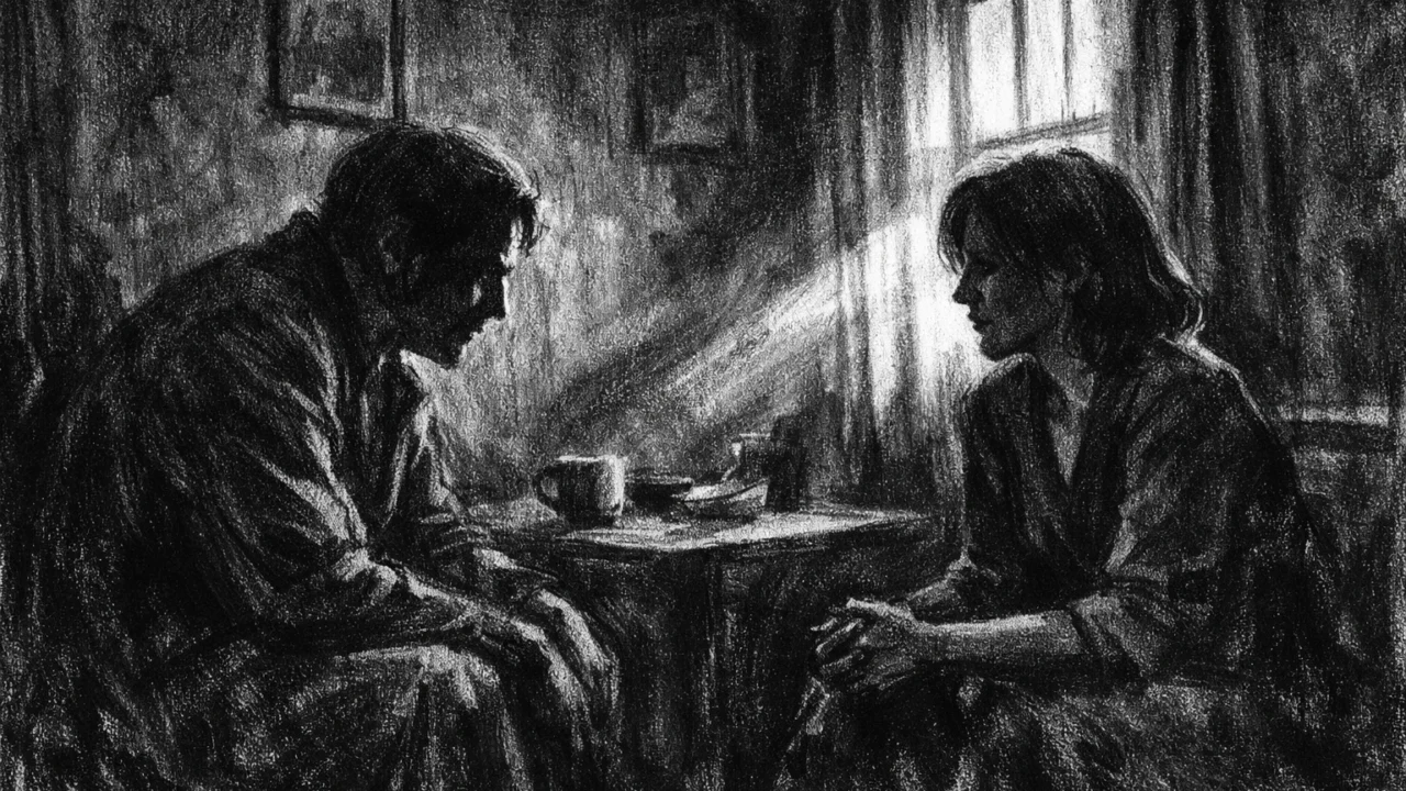 Dvoje ljudi u tihoj napetoj konverzaciji, unutarnji prostor s dubokim sjenama, prikazano u charcoal film noir stilu, crno-bijelo i melankolično.