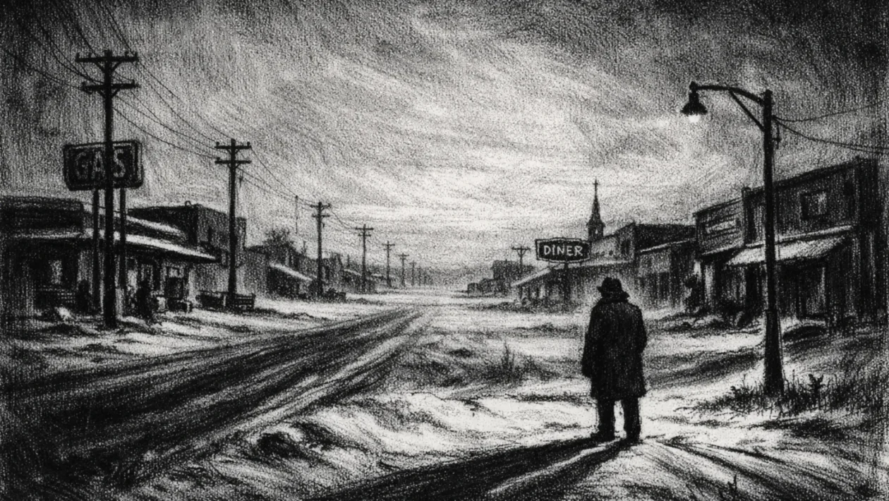 Kinematografski poster s usamljene figure u snježnom gradiću, izrađen u charcoal film noir stilu, crno-bijelo, snažni kontrasti i mračna atmosfera.