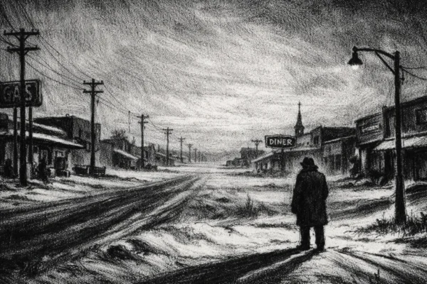 Kinematografski poster s usamljene figure u snježnom gradiću, izrađen u charcoal film noir stilu, crno-bijelo, snažni kontrasti i mračna atmosfera.