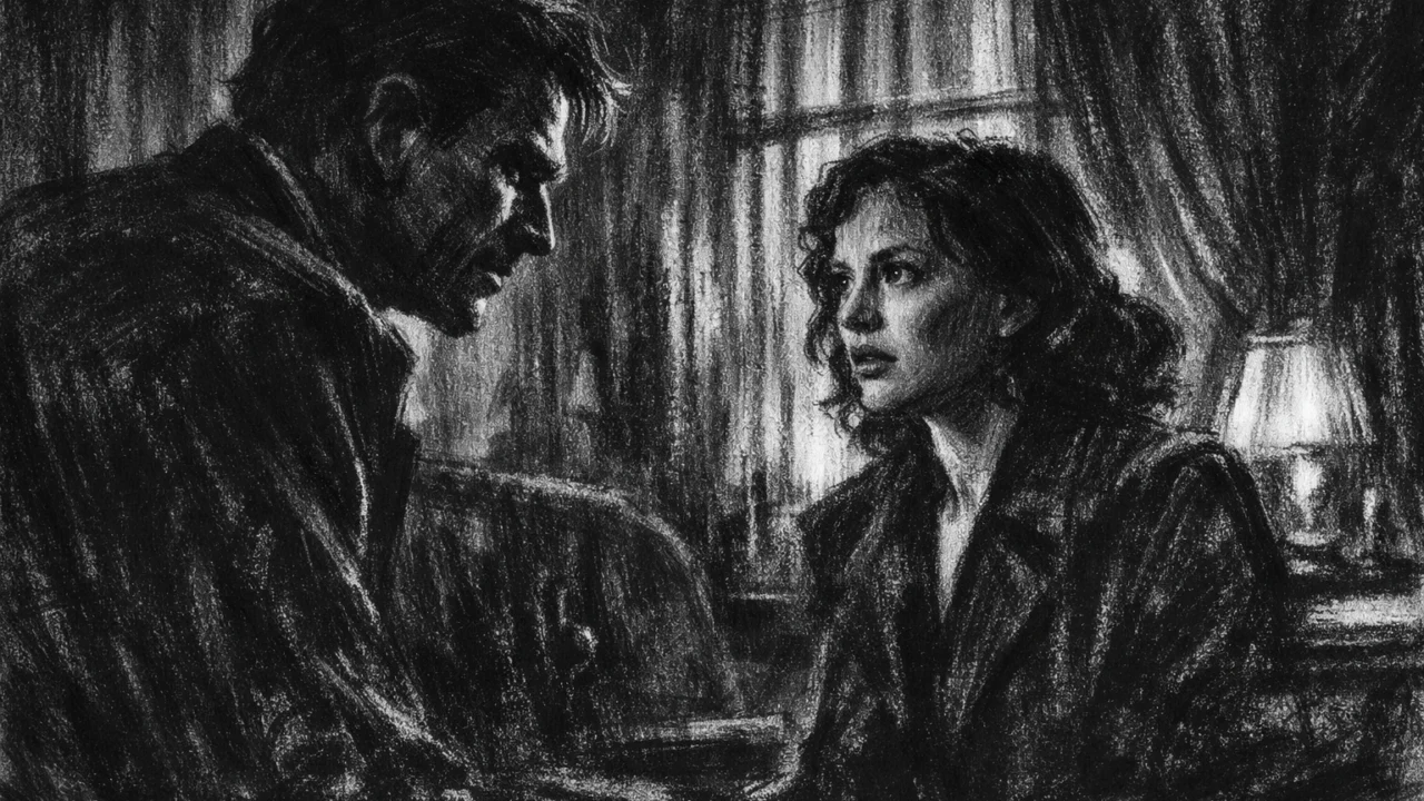 Dvoje ljudi u napetom razgovoru prikazani u charcoal film noir stilu, snažan kontrast svjetla i sjene naglašava emocionalnu nelagodu.