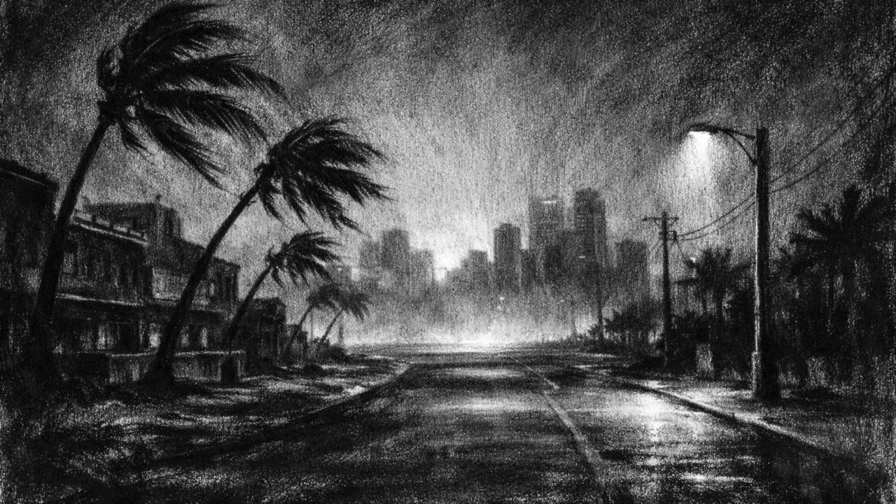 Pusti obalni grad noću u charcoal film noir stilu, crno-bijeli prizor s dubokim sjenama i melankoličnom atmosferom propadanja.