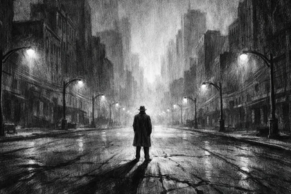 Filmski poster u charcoal film noir stilu, usamljena figura na praznoj urbanoj ulici, crno-bijela atmosfera s dubokim sjenama i osjećajem tjeskobe.