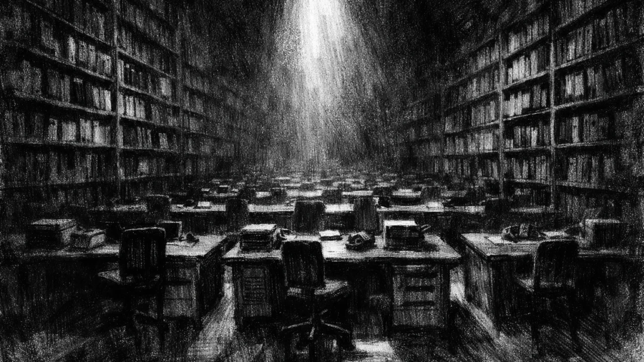 Prazan ured s ponavljajućim namještajem i teškom atmosferom, simboličan prostor u charcoal film noir stilu, crno-bijelo s dubokim sjenama.