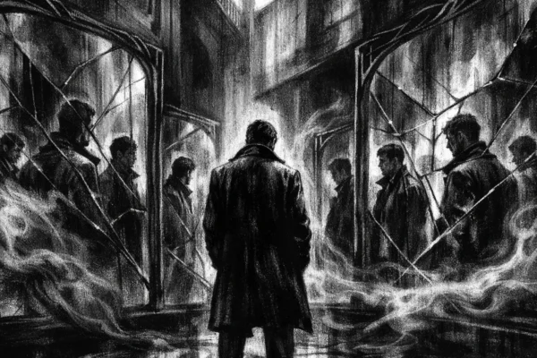 Plakat s usamljenom figurom u urbanom prostoru, izrađen u charcoal film noir stilu, crno-bijelo, s dubokim sjenama i snažnim kontrastom.